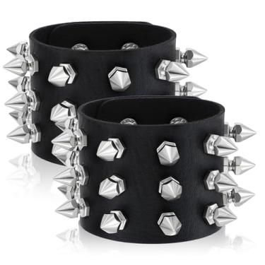 Imagem de YBEATY 2 pulseiras cravejadas de couro preto exagerado com rebite gótico punk rock cravejado pulseira ajustável com botão de alça larga para decoração de festa de Halloween, homens e mulheres