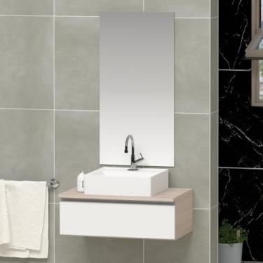 Imagem de Conjunto Gabinete Banheiro JOY 45cm (gabinete + cuba + espelho) (Madeirado/Branco)