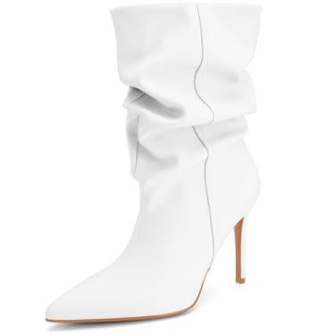 Imagem de Perisis Botas femininas de cano médio despojadas, salto alto, bico fino, botas confortáveis para outono e inverno, Poliuretano branco, 35
