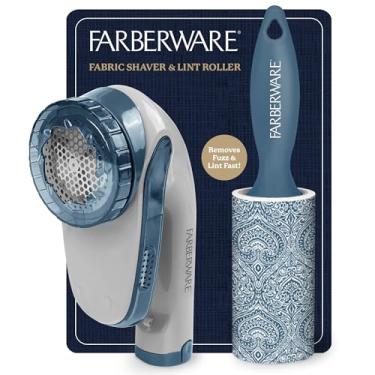 Imagem de Farberware Conjunto grande de removedor de fiapos e barbeador de tecido – barbeador de suéter alimentado por bateria com lâminas triplas e rolo extra pegajoso para pelos de animais de estimação