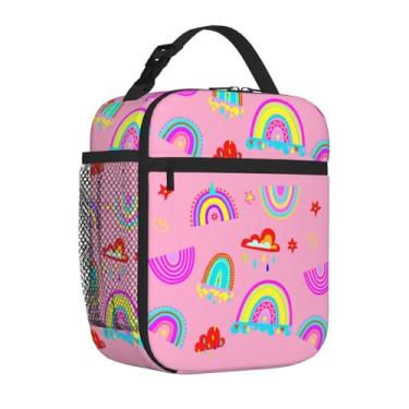 Imagem de Uxeqtop Lancheira infantil isolada, reutilizável, leve, resistente à água, com suporte para garrafa de água, adequada para meninas e meninos (arco-íris fundo rosa)