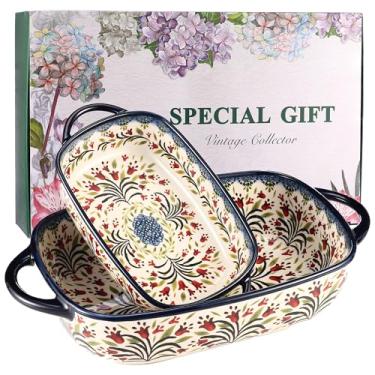 Imagem de Conjunto de 2 assadeiras de cerâmica – Caçarola decorativa estilo cerâmica polonesa com alças, lindo conjunto de presente de assadeira de lasanha seguro para forno (guirlanda de azeitona)