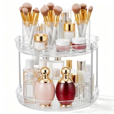 Imagem de Pacote com 2 organizadores de maquiagem rotativos, organizador de maquiagem de banheiro de 2 camadas, organizador giratório 360 para loção, cabelo, produtos de beleza, suporte de cuidados com a pele e