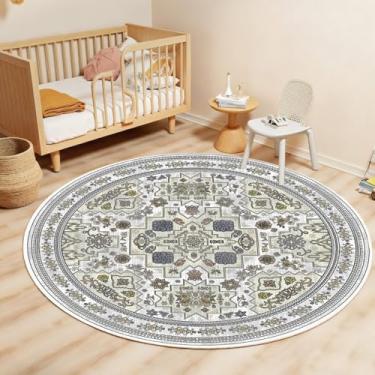 Imagem de Tapete redondo 1,2 m vintage boho pequeno tapete circular lavável tapete redondo antiderrapante para quarto de crianças escritório entrada faculdade dormitório banheiro, bege