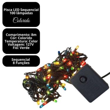 Imagem de Pisca LED Colorido Sequencial 100 Lâmpadas 8 Funções Fio Verde 8 Metros 127V