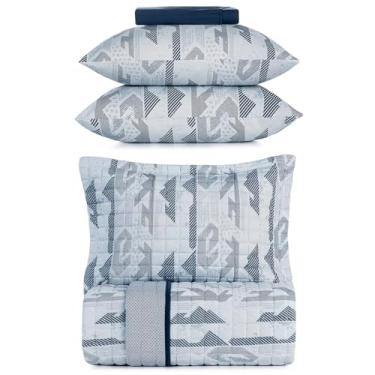 Imagem de Kit Colcha e Lençol Queen Malha Fio Penteado Altenburg - 100% Algodão - 6 Peças - Cobreleito Dupla Face (Valley Geométrico - Azul)