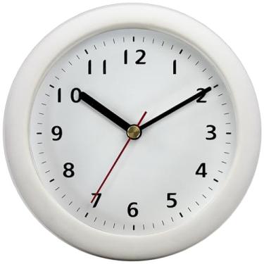 Imagem de Relógio de parede com moldura de plástico redondo branco moderno, fácil de instalar com sucção, à prova d'água para cozinha, banheiro, movimento silencioso de segundo salto, sem perfuração, números