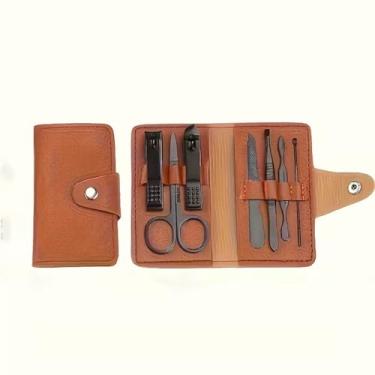 Imagem de Kit de manicure, conjunto de cortador de unhas portátil com lixa de unha, tesoura de cutícula, pinça, ferramentas profissionais de cuidado de unhas à prova de ferrugem para casa e viagem (marrom)
