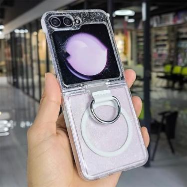 Imagem de Estilo Glitter Transparente Magnético Capa de Telefone para Samsung Z Flip 6 5 4 3 ZFlip6 Carregamento Sem Fio Anel Capa, Branco, para Samsung Z Flip 3