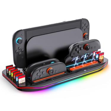 Imagem de WeChip Multifunctional Charging Station for Switch 2-4 Joypad Controller Charger with LED Indicators, 9 RGB Light Effects, 12 Game Card Slots Desktop Organizer