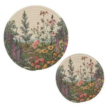 Imagem de Blueangle 2 peças de suporte de panela de flores silvestres em aquarela - conjunto de pegadores de panela de tecido redondo - almofadas quentes trançadas de algodão - porta-copos - tapetes de mesa