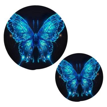 Imagem de Blueangle 2 peças de suporte de panela triangular de borboleta azul - conjunto de pegadores de panela de tecido redondo - almofadas quentes trançadas de algodão - porta-copos - tapetes de mesa para