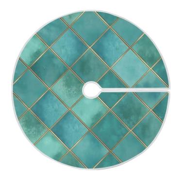 Imagem de Blueangle Saia de árvore de Natal xadrez geométrica azul-petróleo de 120 cm - poliéster macio e resistente a rugas, decoração de férias para festas de Natal, árvore festiva e decoração de casa (836)