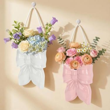 Imagem de Pacote com 2 vasos de parede de cerâmica pendurados com corda, design de arco para plantas de interior, flores frescas e secas, decoração de parede de quarto e casa de banho