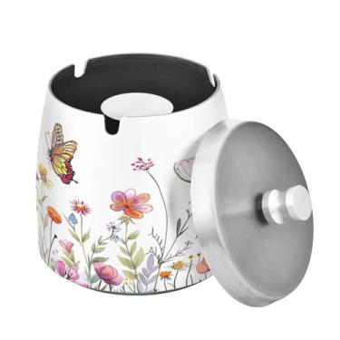 Imagem de Blueangle Cinzeiro de flores silvestres com tampa para cigarros, à prova de vento/à prova de chuva, aço inoxidável, sem fumaça, inodoro, cinzeiro para uso interno ou externo (303)