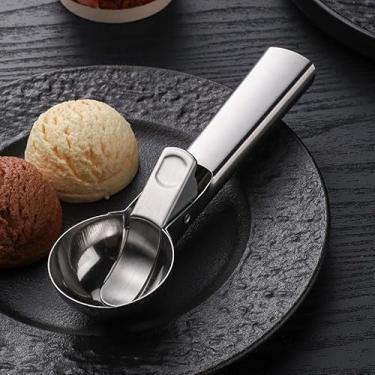 Imagem de Colher de sorvete de aço inoxidável com mecanismo de liberação de imprensa, colher de sorvete clássica para sobremesas congeladas, uso doméstico e cozinha