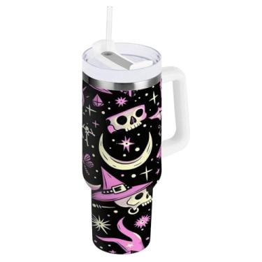 Imagem de Kigai Copo mágico de caveira de Halloween de 1,134 g com tampa e canudo, copo térmico de aço inoxidável durável à prova de vazamento com alça, garrafas de água à prova de derramamento para viagens
