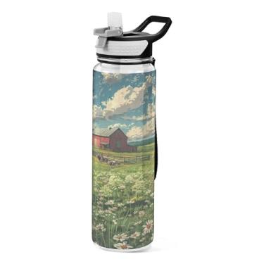 Imagem de xigua Garrafa de água Farm Scene with Cows com tampa de canudo transparente à prova de vazamento para esportes ao ar livre, bebida, fitness, treino, viagem, 946 ml