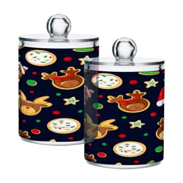 Imagem de STAYTOP 4 frascos de boticário Qtip para banheiro com etiquetas – Recipiente de armazenamento Qtip de plástico transparente para bola de algodão, cotonete, grão de café - cervo de Natal fofo