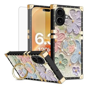 Imagem de Asuwish Capa de celular para iPhone 17 de 6,3 polegadas com protetor de tela de vidro temperado e flor de pintura anel protetor à prova de choque suporte rígido i Phone17 i17 17 capa feminina verde