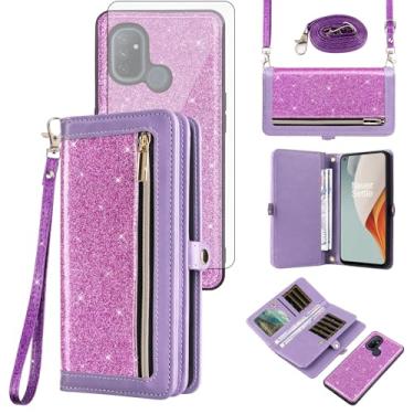 Imagem de Asuwish Capa de celular para OnePlus Nord N100 com zíper carteira celular com vidro temperado protetor de tela tira brilhante flip porta-cartões One Plus N 100 4G 1 Plus 1 plus One+ 1+ 100N feminino