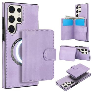 Imagem de Para Samsung Galaxy S23 Carteira ultra destacável compatível com Magsafe capa de carregamento sem fio com suporte para cartão, compartimento para dinheiro, suporte 2 em 1 capa à prova de choque (roxa)