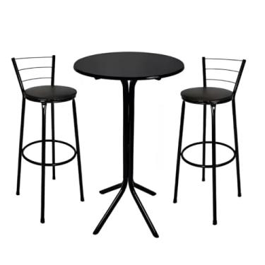 Imagem de Jogo Mesa Bistrô MDF Aço C/ 2 Banquetas Altas Bar Cozinha Balcão Varanda (Preto)