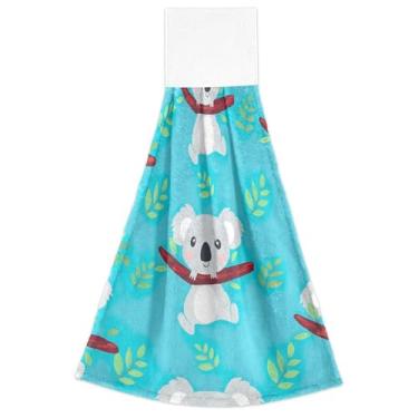 Imagem de Toalhas de mão fofas de folhas azuis de coalas de desenho animado com laço para pendurar toalhas de chá de forno macias absorventes conjunto de 2, decorações de cozinha fofas 18,2 x 14 polegadas