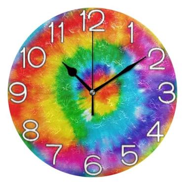 Imagem de Relógio de parede analógico decorativo escritório cozinha relógio estético silencioso sem tique-taque, decoração de sala de estar arte moderna arco-íris tie dye colorido, 25 cm, ponteiros pretos