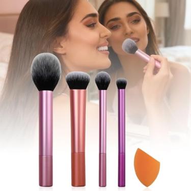 Imagem de Conjunto de 5 pincéis essenciais para o dia a dia, inclui 4 pincéis (pincel facial, pincel de blush, 2 pincéis) e 1 esponja de maquiagem para base, blush, bronzeador, contorno, sombra e pó, conjunto