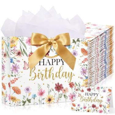 Imagem de Maitys Pacote com 12 sacos grandes de flores silvestres de 33 cm para mulheres, sacos de papel de presente de aniversário com papéis de seda, fitas e cartões comemorativos para decoração de chá de