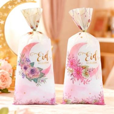 Imagem de 50 unidades de sacos de celofane Eid Mubarak, 2 sacos de guloseimas transparentes com desenhos de lua e flores rosas mistas com laços torcidos, saco de doces de Ramadã para lembrancinhas de festa e