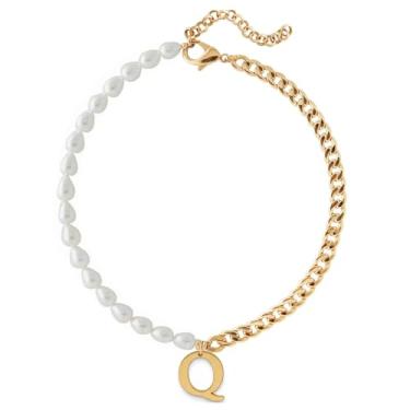 Imagem de Wellike Colar de corrente de meia pérola, meia Cuba, com iniciais, aço inoxidável, PVD, pingente de ouro 18K, gargantilha grossa de ouro com caixa de presente, Standard, Pérola, Pérola de vidro