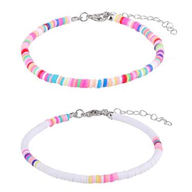 Imagem de Tornozeleira boêmia de 2 peças, tornozeleiras de cerâmica macia com contas planas, pulseiras elegantes e coloridas no tornozelo, corrente de pé para mulheres (branca, colorida)