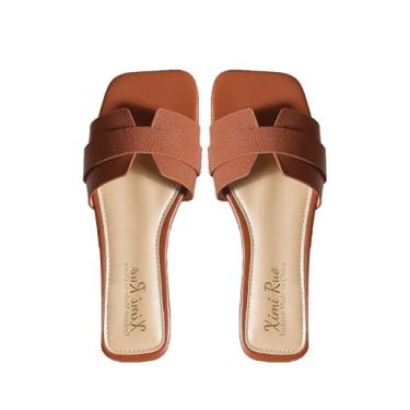 Imagem de OYOANGLE Sandálias femininas quadradas abertas de couro com faixa única para o verão, Marrom, 35