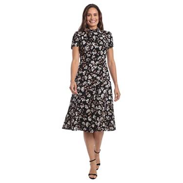 Imagem de London Times Vestido feminino Petite em crepe polido com laço e gola evasê, Preto/bege, 25 Plus Size