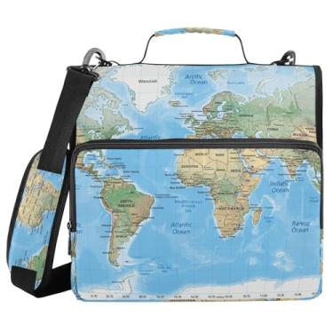 Imagem de Fichário de 3 anéis com zíper com alça de ombro, mapa-múndi azul, fichários de 3,8 cm, grande capacidade, vários bolsos para material de escritório escolar