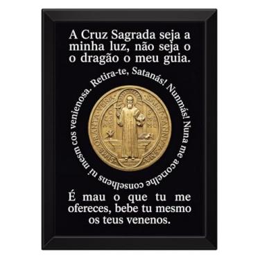 Imagem de Quadro Oração De São Bento Fundo Preto Com Medalha (Moldura Branca, 21x30cm)