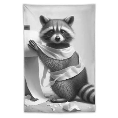 Imagem de Tapeçaria de papel higiênico guaxinim para banheiro preto e branco impressão artística para quarto sala de estar dormitório decoração de casa com design de animal de estimação selvagem brincalhão