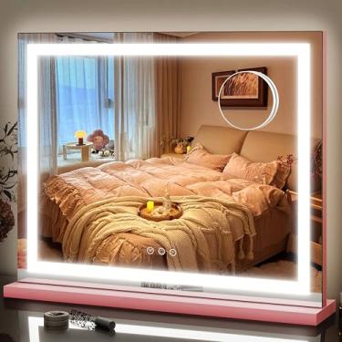 Imagem de FENNIO Espelho de maquiagem com luzes de 58 x 45 cm, espelho de maquiagem iluminado, espelho de maquiagem grande, sensor de toque com iluminação de 3 cores, ampliação de 10 x e porta de carregamento