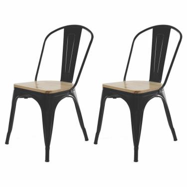 Imagem de Kit 2 Cadeiras Para Mesa De Jantar Cozinha Sala Tolix Metal Industrial Com Assento De Madeira Preto