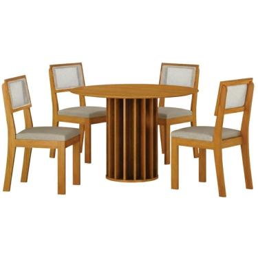 Imagem de Conjunto Sala De Jantar Flora Cinamomo 4 Cadeiras Linho Palha Base Em Madeira 1,08 M Leifer Móveis