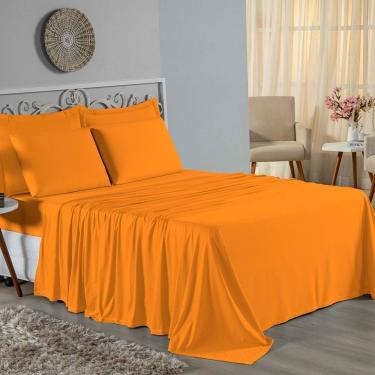 Imagem de Jogo De Cama King Nobre 4 Peças Lençol Com Elástico De 30cm De Altura Malha 100% Algodão - Laranja