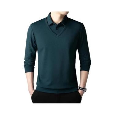 Imagem de Camisa Polo Masculina Casual Elegante De Manga Longa Em Cor Sólida, To