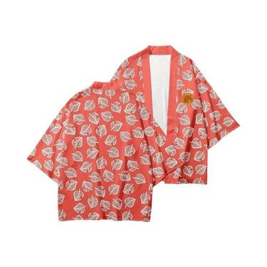 Imagem de Kimono Haori Com Estampa De Folhas Rosa E Verde Para Mulheres, Fantasi
