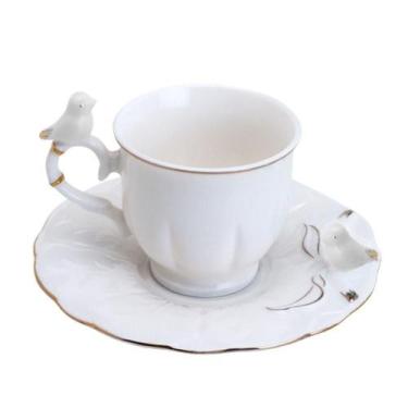 Imagem de Xícara De Café Porcelana Birds Branca Fio Dourado Pássaro Com Pires 10