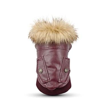 Imagem de Foern Jaqueta de couro para cães casaco de inverno, impermeável à prova de vento quente para cães pequenos gatos roupas para filhotes chihuahua buldogue Schnauzer, vermelho, P: 36 cm/14,2 pol