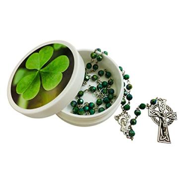Imagem de Westmon Works Terço de trevo irlandês conjunto de oração de São Patrício com contas verdes da Irlanda de metal celta crucifixo e cartão sagrado em uma caixa, Acrílico, Sem Pedra Preciosa