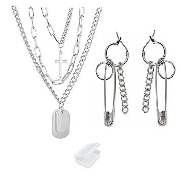 Imagem de XHBTS Brincos de pino de segurança e colar gargantilha de corrente de prata em camadas punk exclusivo delicado conjunto de joias Boho em camadas pingente cruz declaração colar de corrente grossa com mini pano e mini caixa, Aço inoxidável, Aço inoxidável