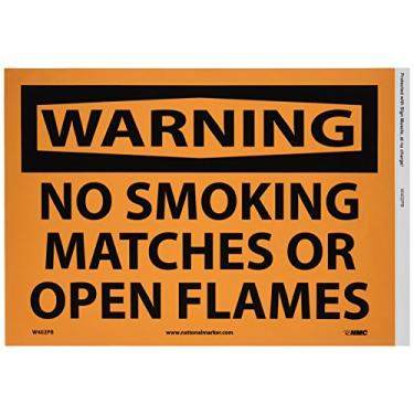Imagem de (PRESSURE SENSITIVE VINYL .0045, 10 x 14) - NMC W402PB WARNING - NO SMOKING, MATCHES OR OPEN FLAMES Sign - 36cm . x 25cm . PS Vinyl Warning Sign with Black on Orange